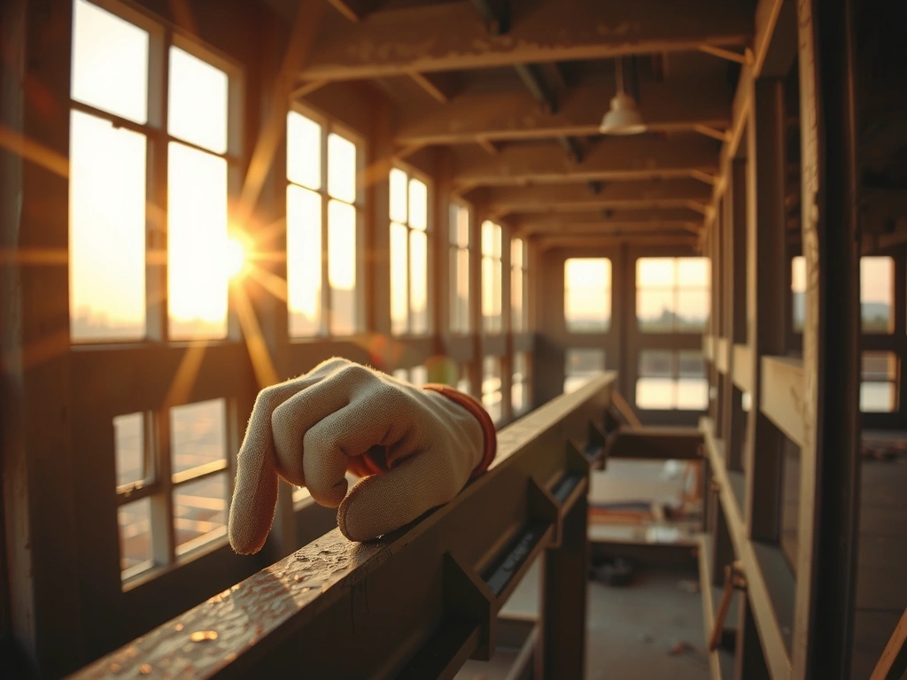 Detail ocelového nosníku s rukou v rukavici