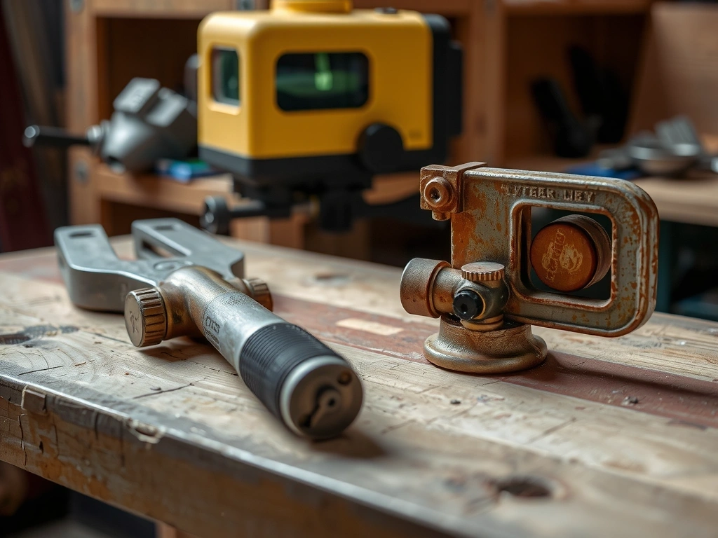 Stará klempířská svěrka a moderní laserová úroveň